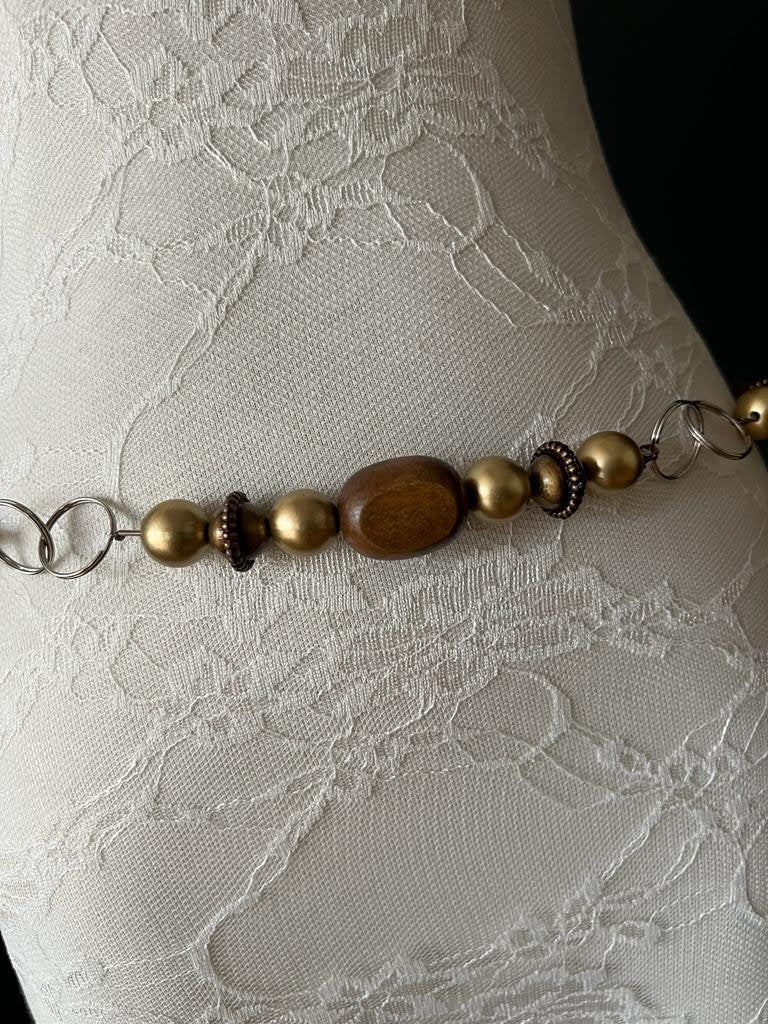 X-Long, Boho Beaded Belt, Brown Wood Beads, Matt Gold Beads, Ring Belt, Fashion Belt, Vintage Belt, Plus Sizes, Teen Sizes, 18”-60”
