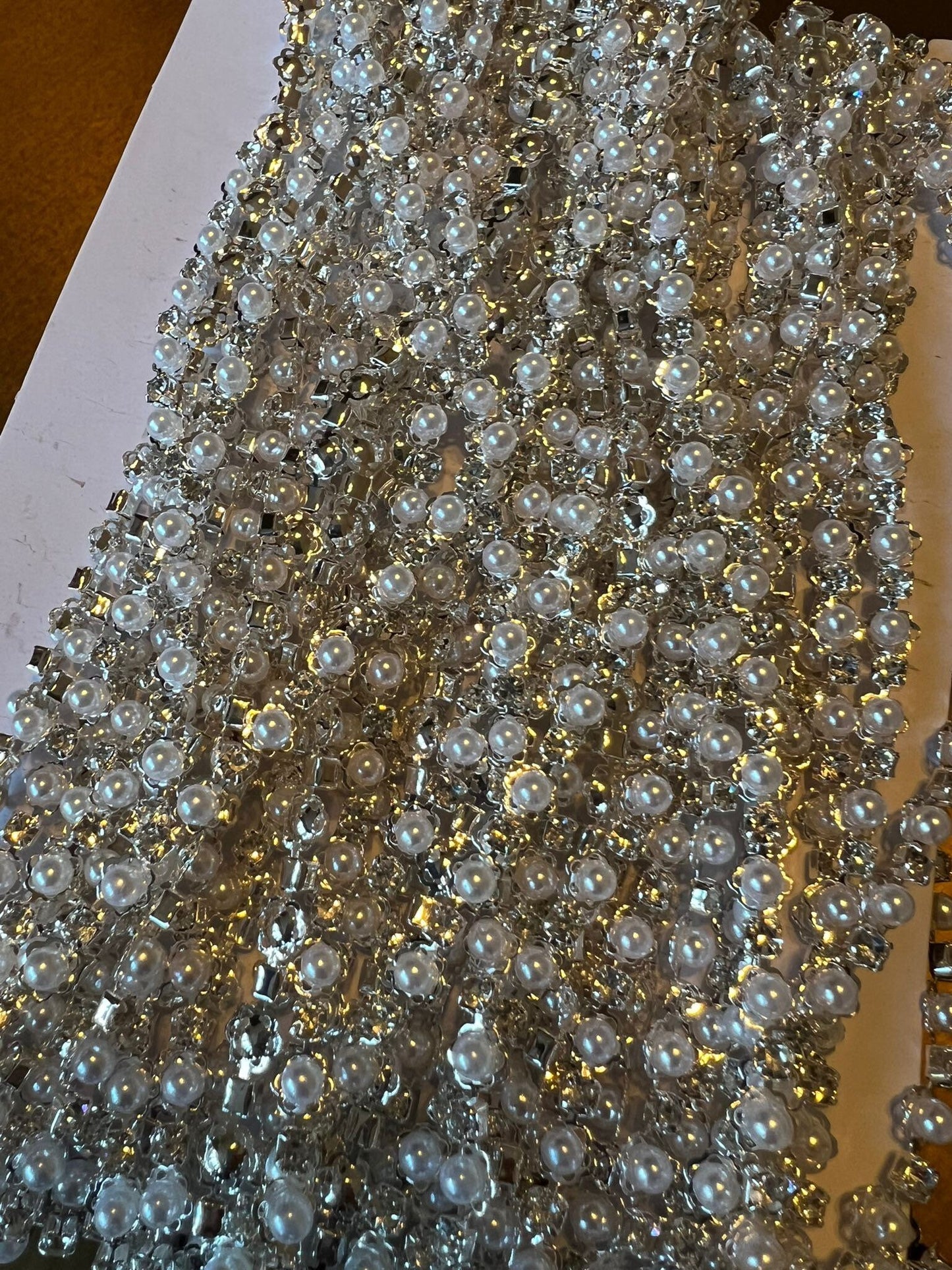 Pearl & Rhinestone Beaded Silver Gold Chain Trim Wedding Dress Belt Bridal Applique
