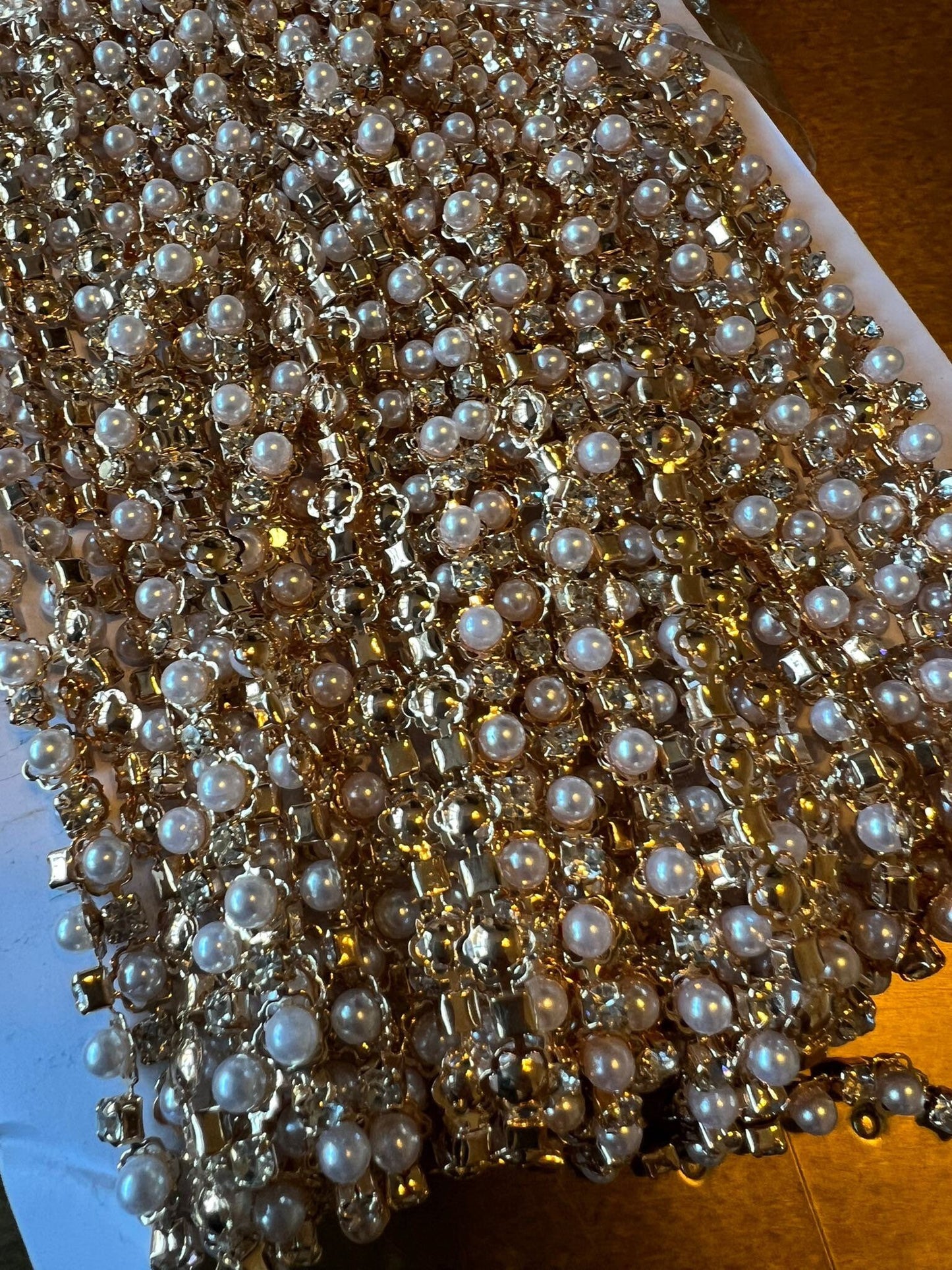 Pearl & Rhinestone Beaded Silver Gold Chain Trim Wedding Dress Belt Bridal Applique