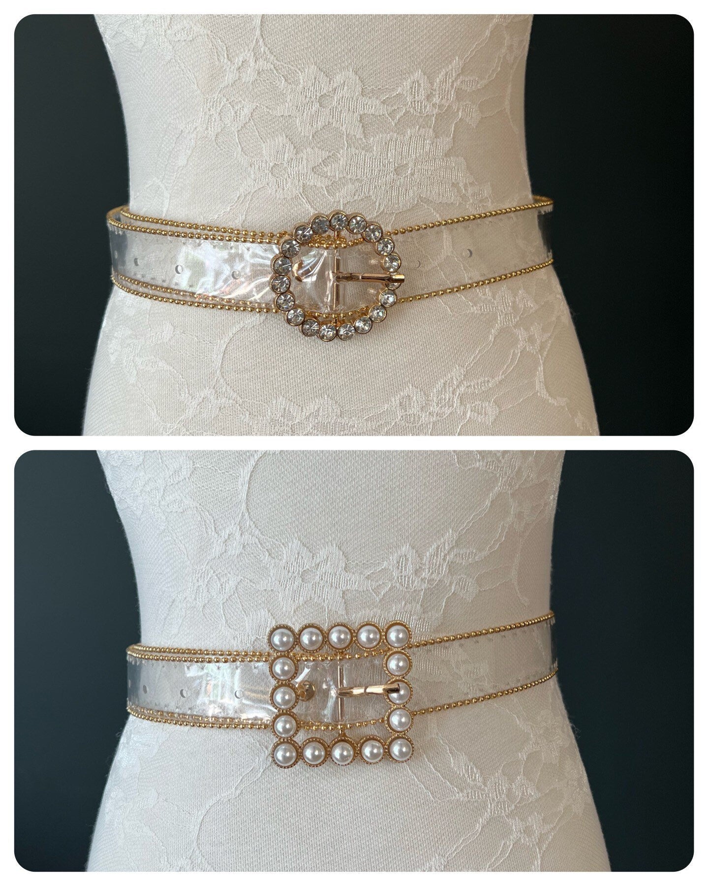 Transparent Belt, Pearl & Rhinestone Buckle, Handmade Italian Fashion