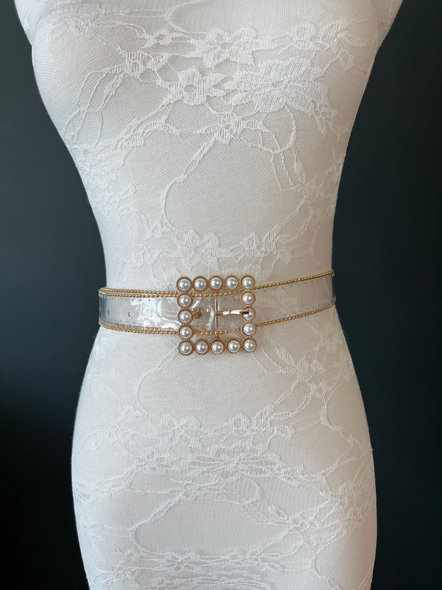 Transparent Belt, Pearl & Rhinestone Buckle, Handmade Italian Fashion