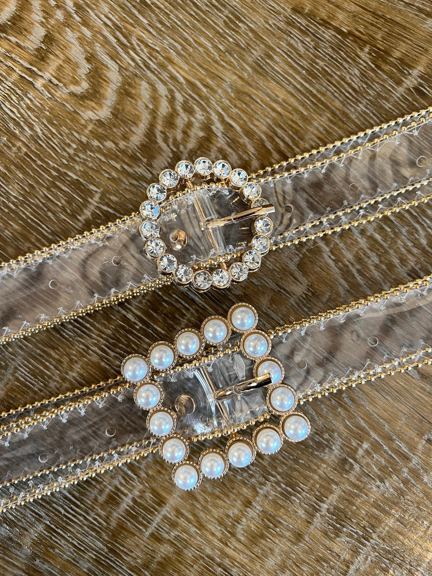 Transparent Belt, Pearl & Rhinestone Buckle, Handmade Italian Fashion
