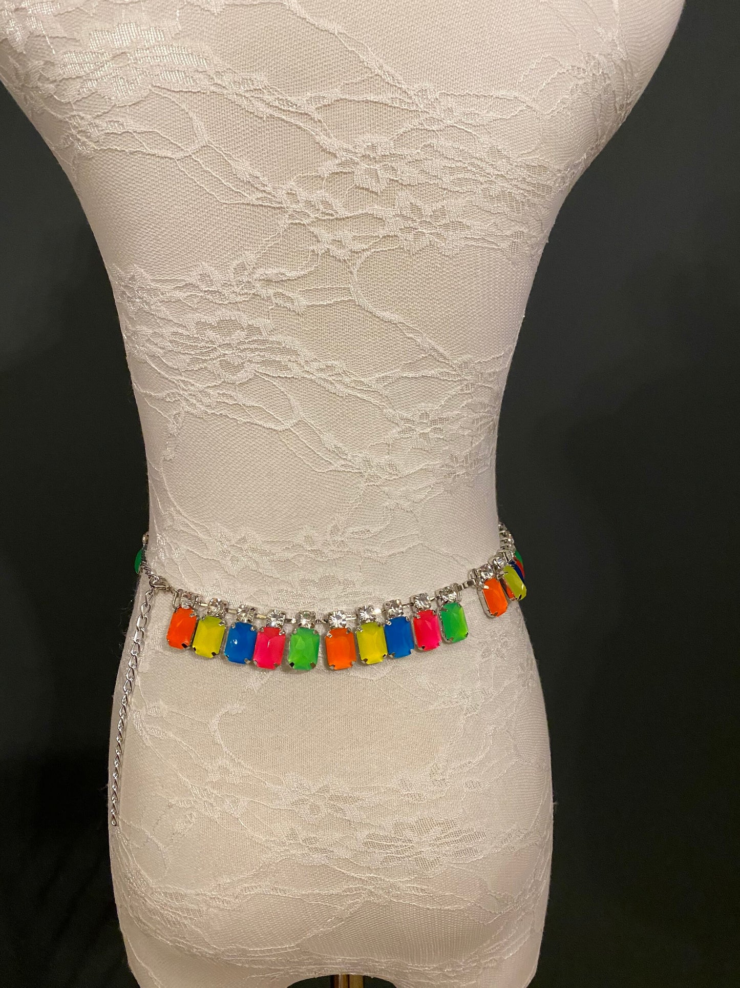 X-long chain belt, Neon Belt, Florescent Jewel Chain shelf, Festival, Costume, Shows, Fashion Chain Belt