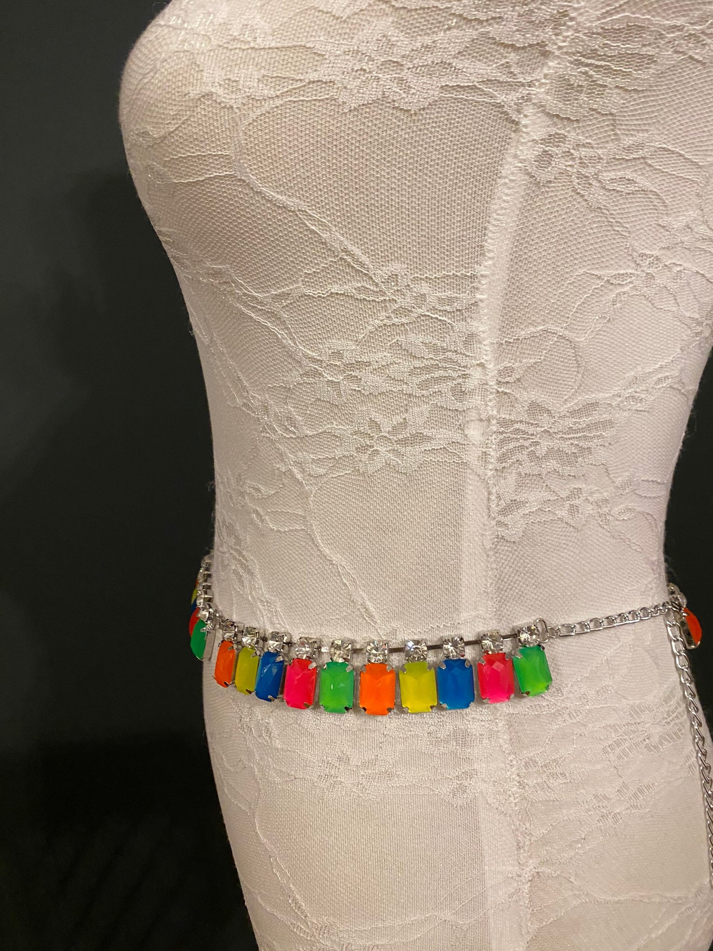 X-long chain belt, Neon Belt, Florescent Jewel Chain shelf, Festival, Costume, Shows, Fashion Chain Belt