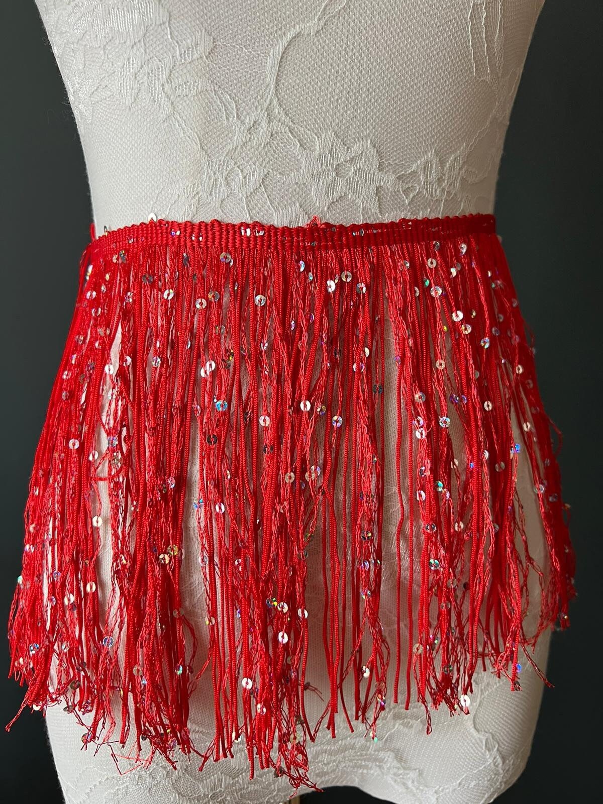 Fringe, Fringe With Sequins, Sequinned,  Sequin Fringe, Dance, Costumes, Fashion, Party, Dress Fringe, 20cm, 8 inch, 8 Colours, Red