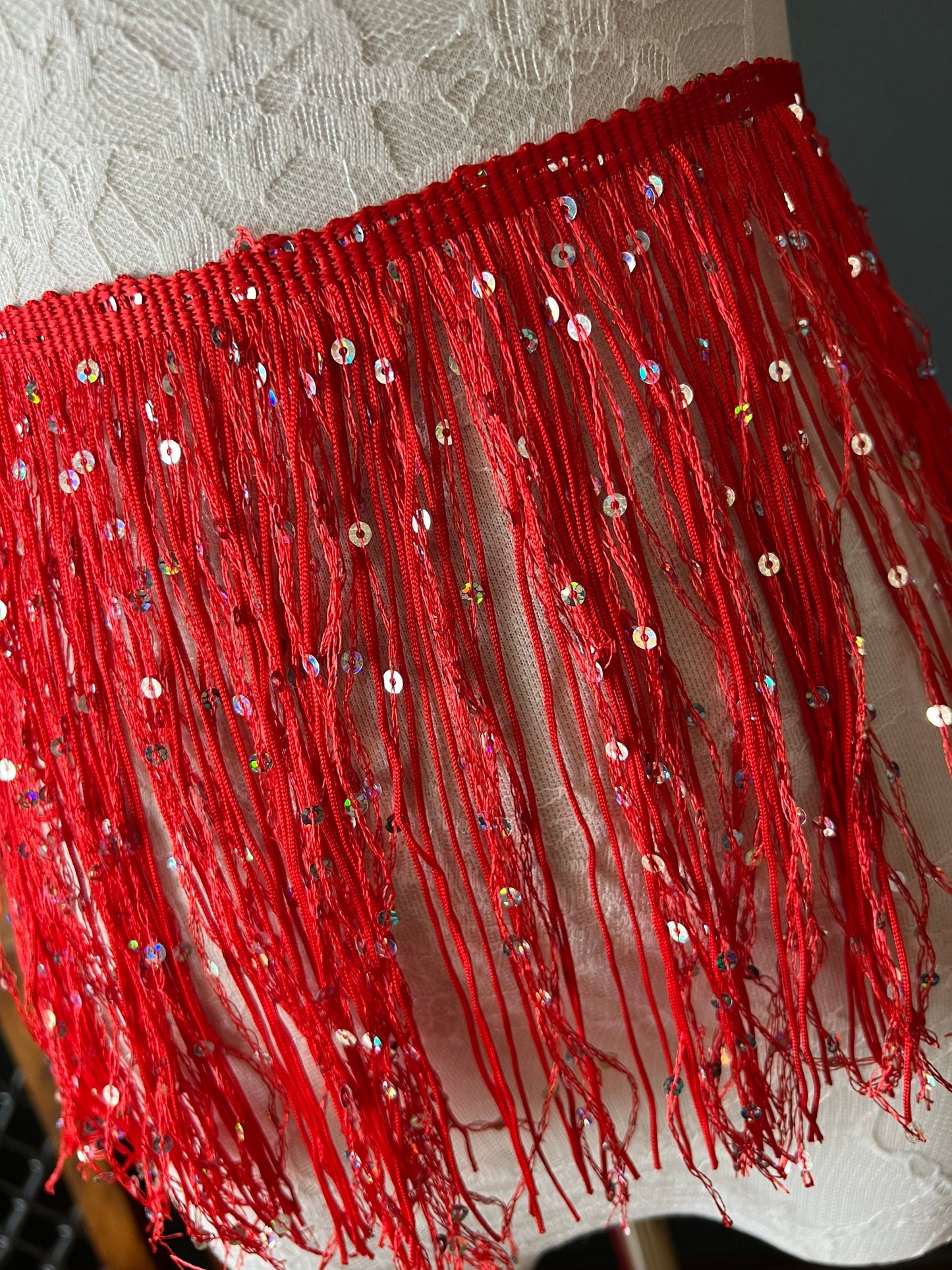 Fringe, Fringe With Sequins, Sequinned,  Sequin Fringe, Dance, Costumes, Fashion, Party, Dress Fringe, 20cm, 8 inch, 8 Colours, Red