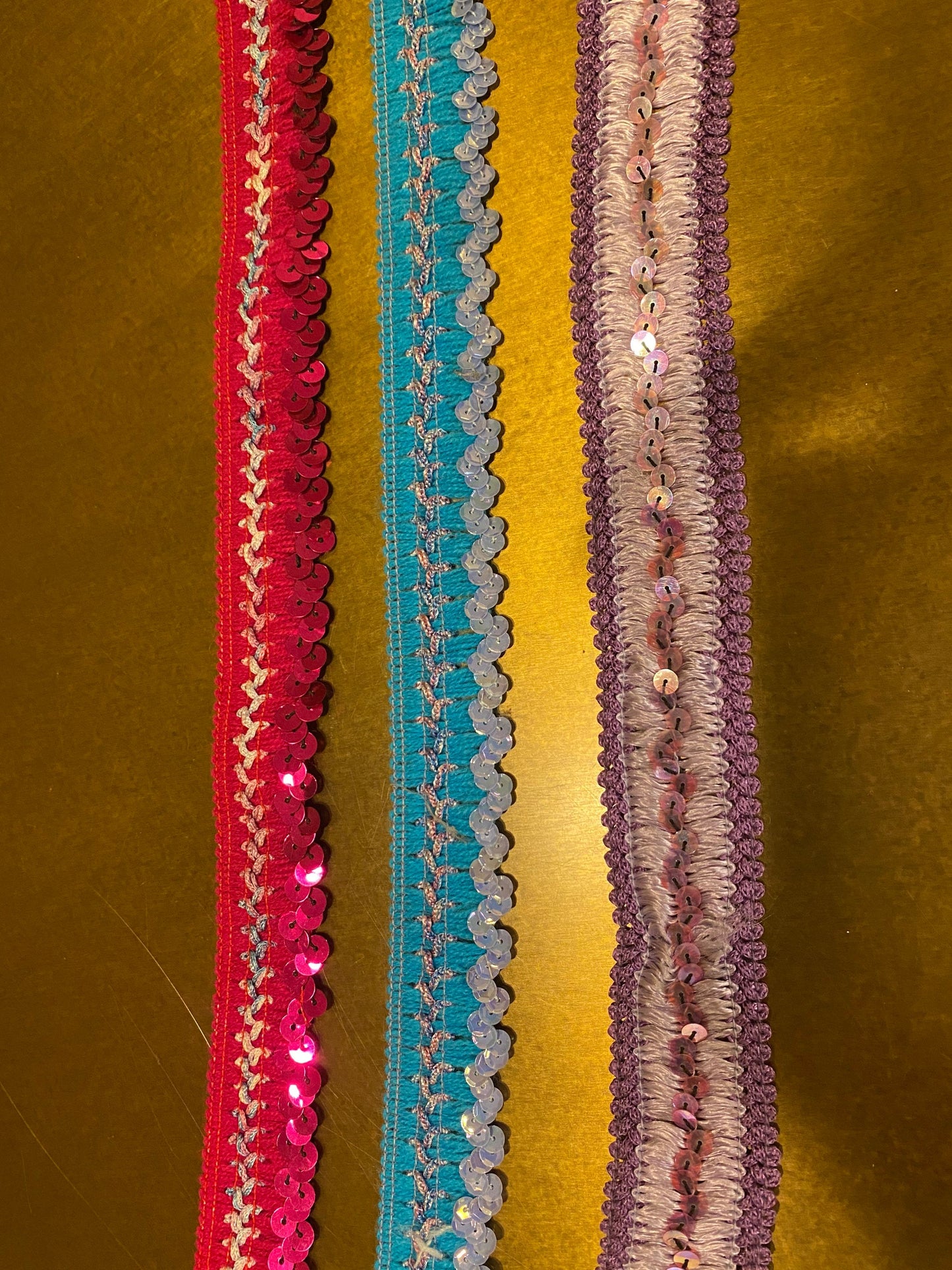 Sequins Trimming, Elasticated Sequins, Rigid Sequins, Woven Base, Cerise, Turquoise, Lilac