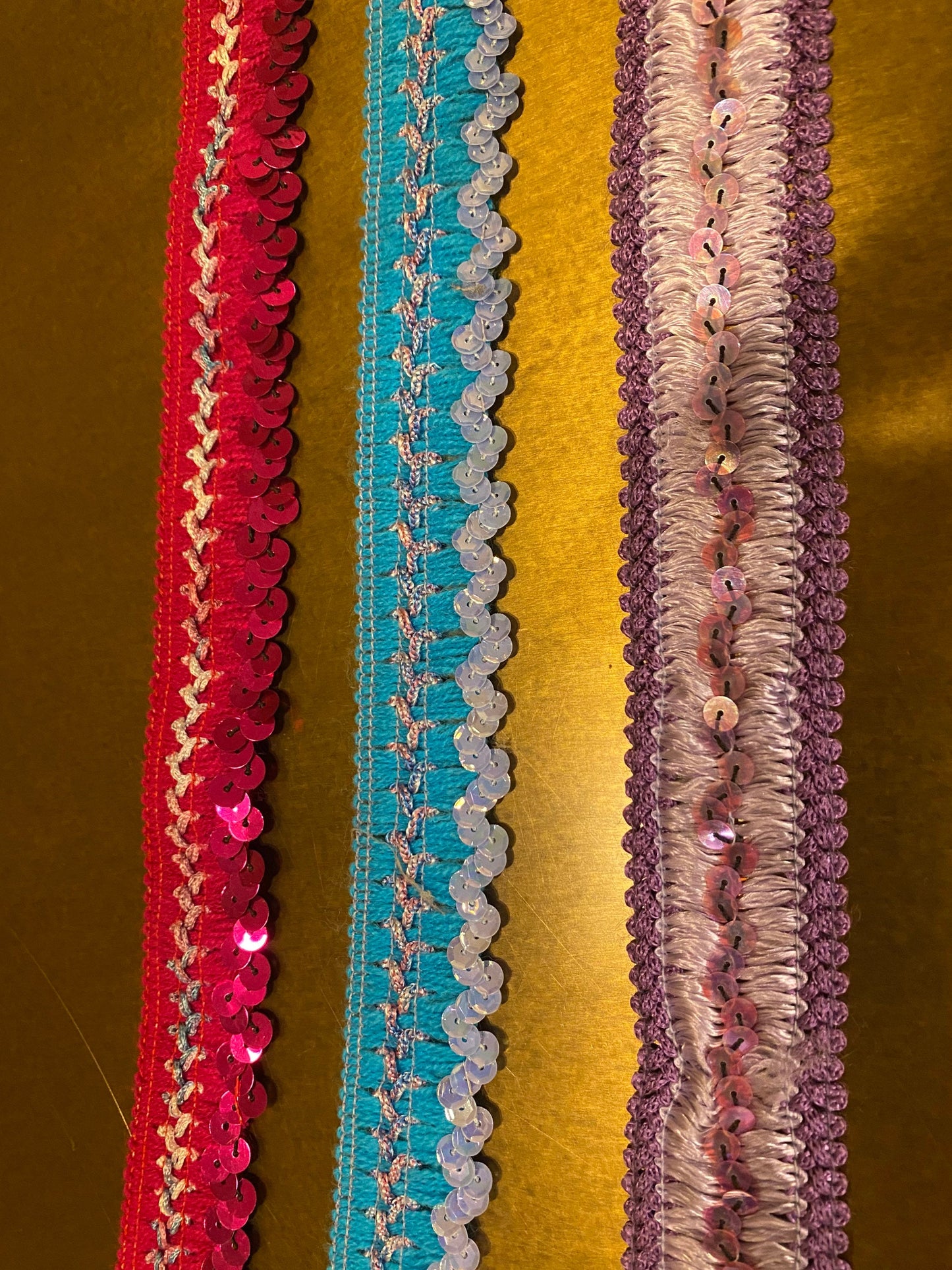 Cerise, Turquoise, Lilac Sequins Trimming, Woven Base