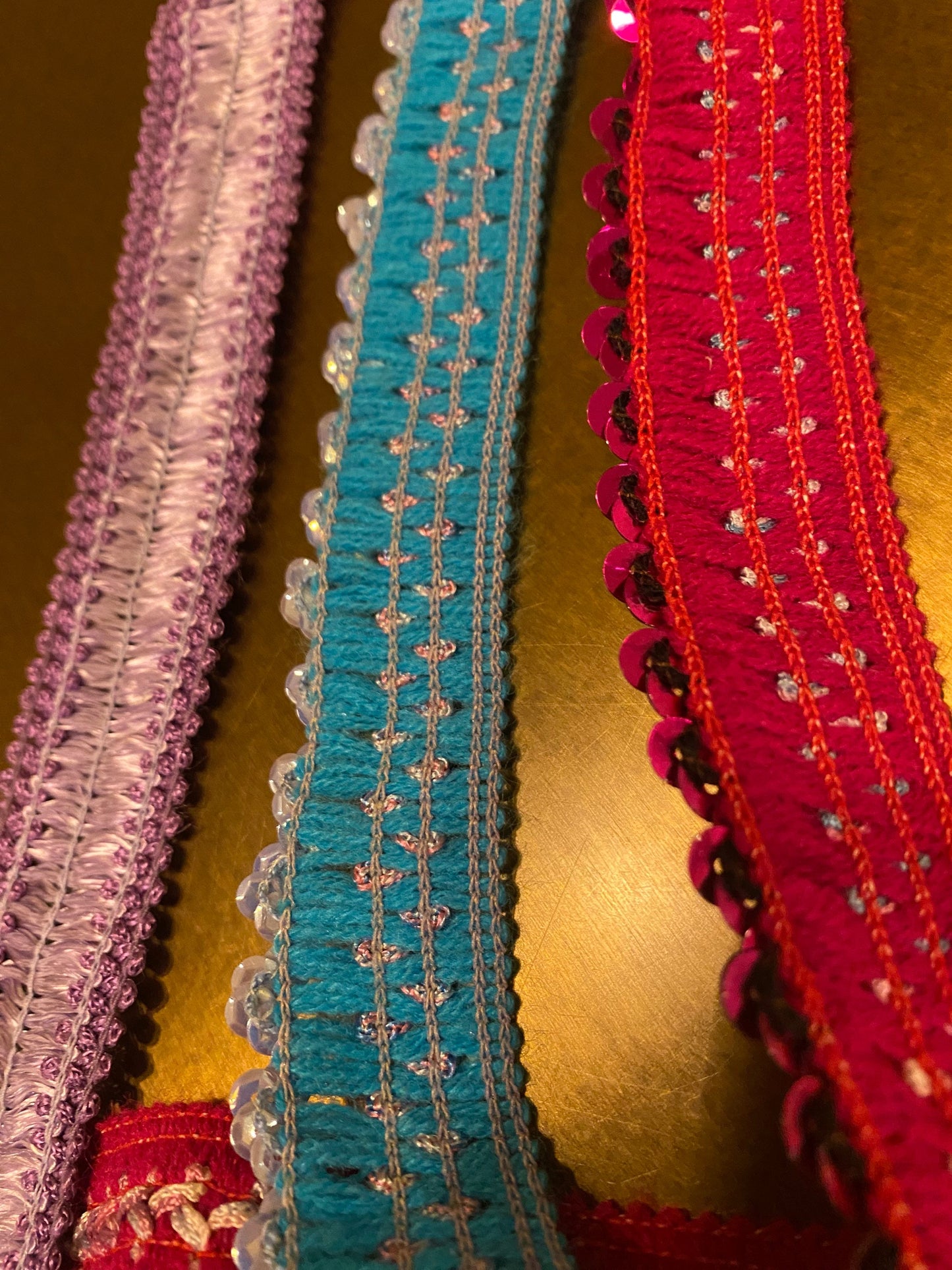 Cerise, Turquoise, Lilac Sequins Trimming, Woven Base
