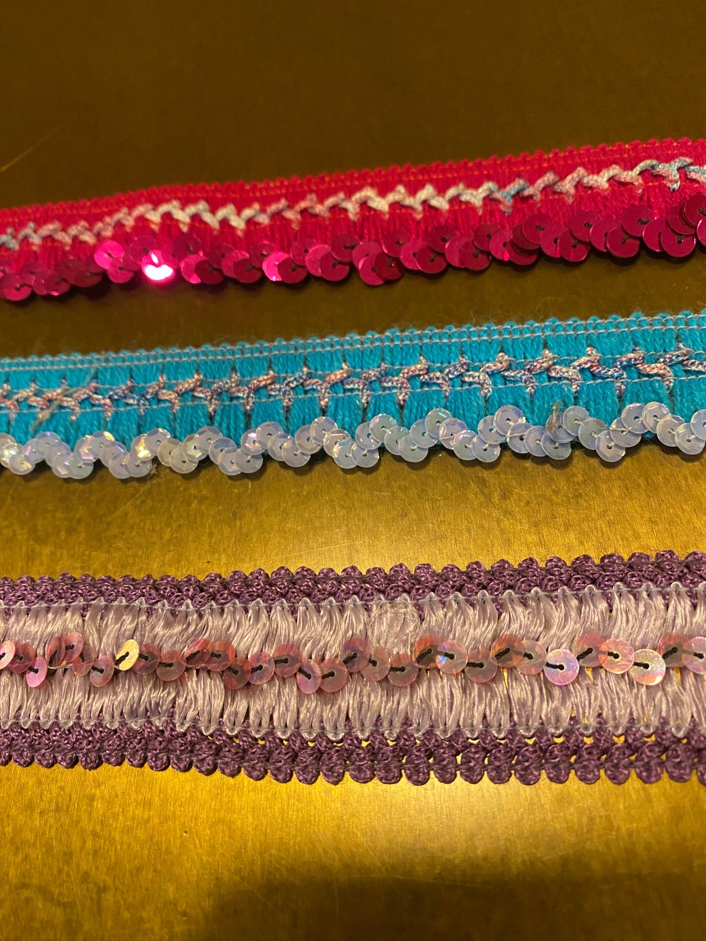 Cerise, Turquoise, Lilac Sequins Trimming, Woven Base