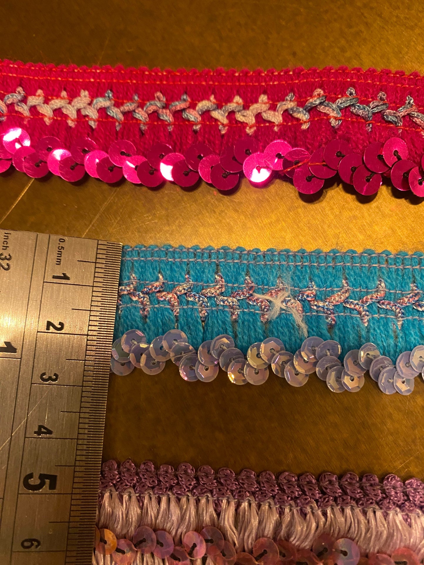 Sequins Trimming, Elasticated Sequins, Rigid Sequins, Woven Base, Cerise, Turquoise, Lilac