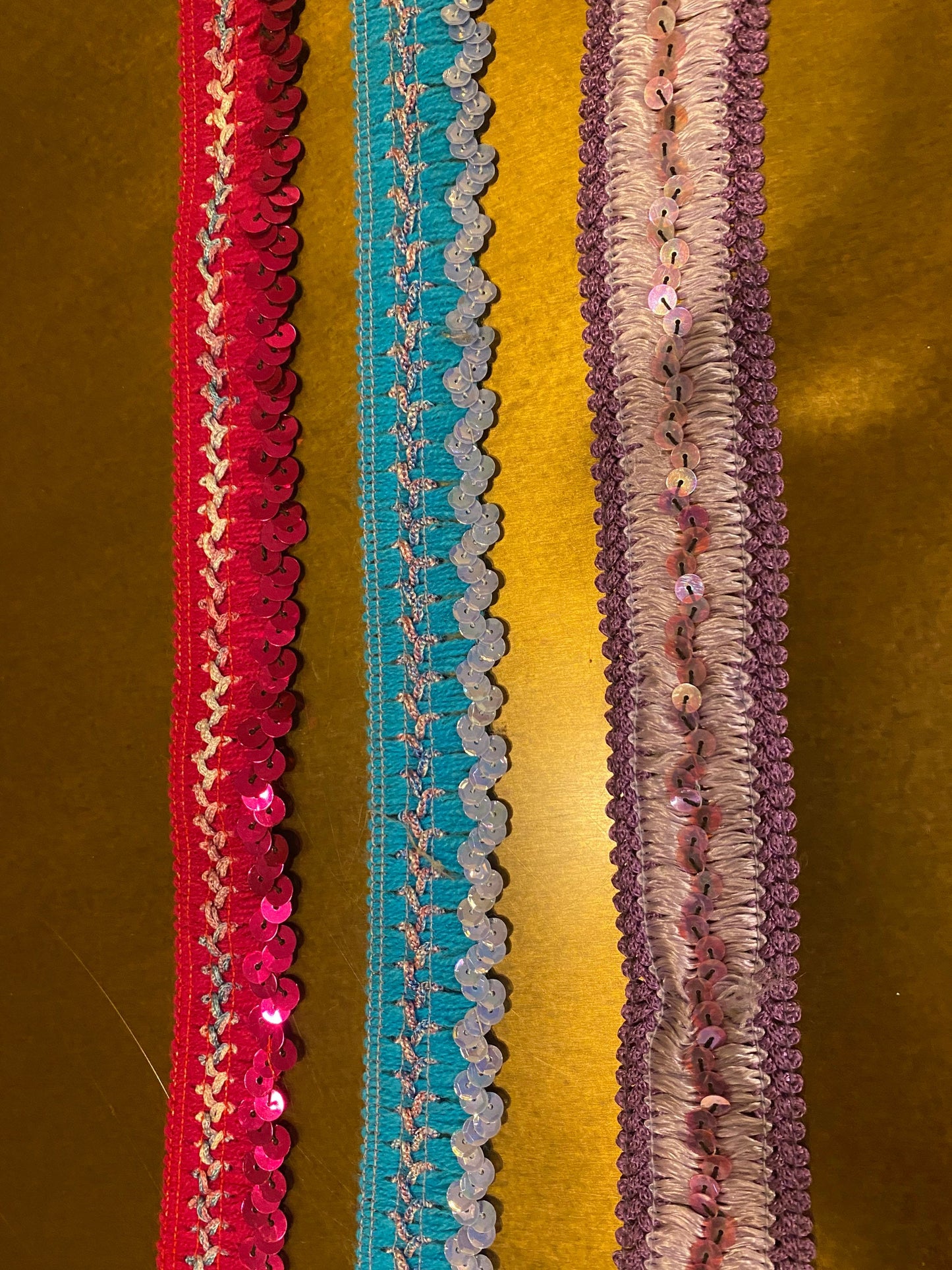 Cerise, Turquoise, Lilac Sequins Trimming, Woven Base