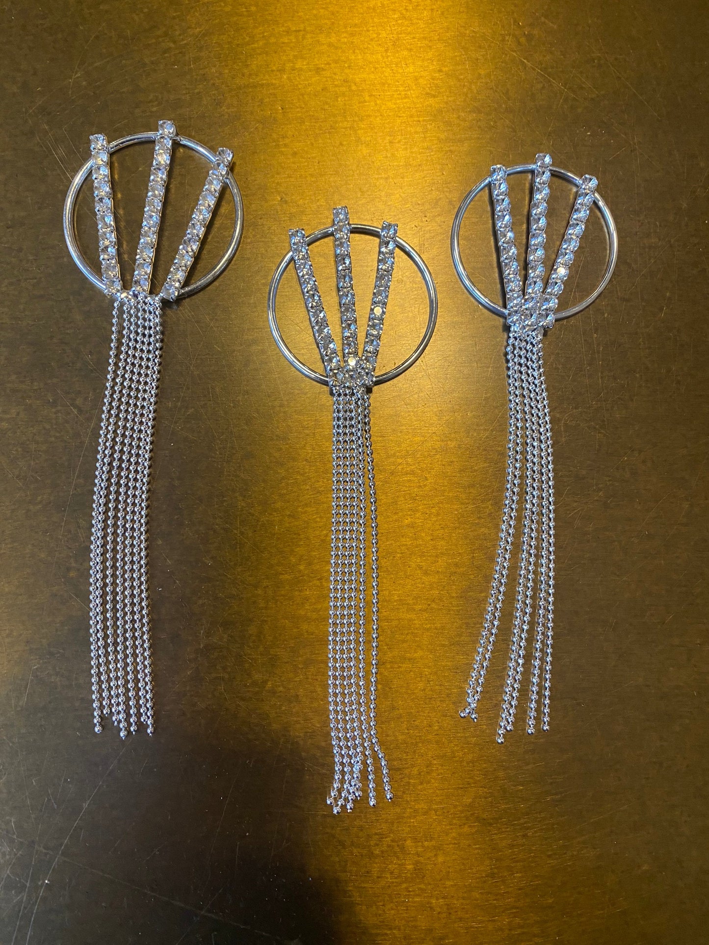 Rhinestone Ring Buckle with Ball Tassel, Silver Diamanté Fringe