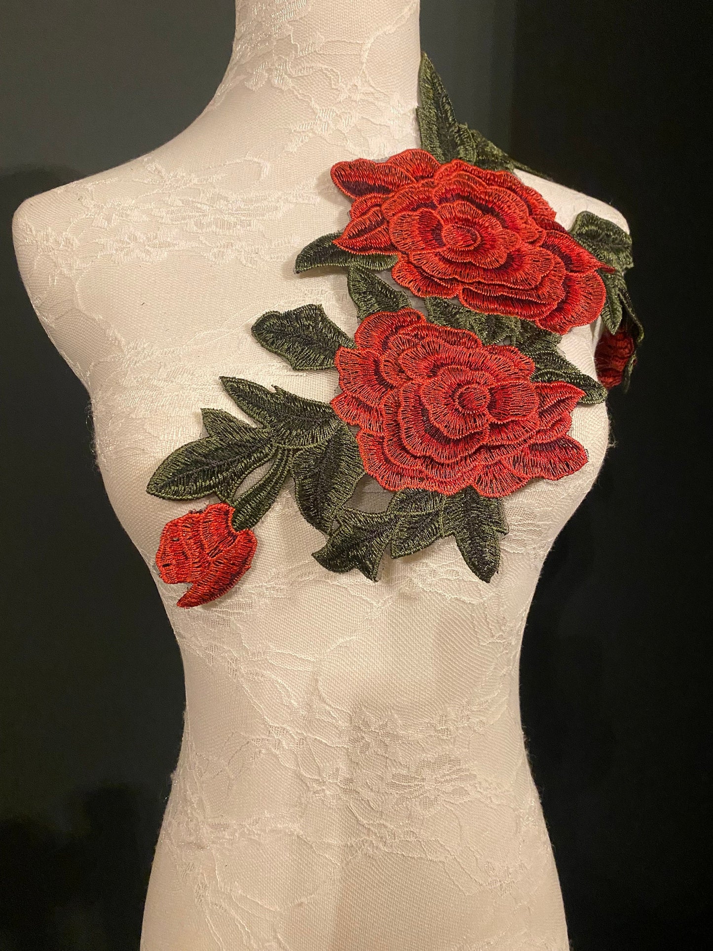 Red & Green Rose Embroidered Flower Motif, Sew On Applique (17 inch)