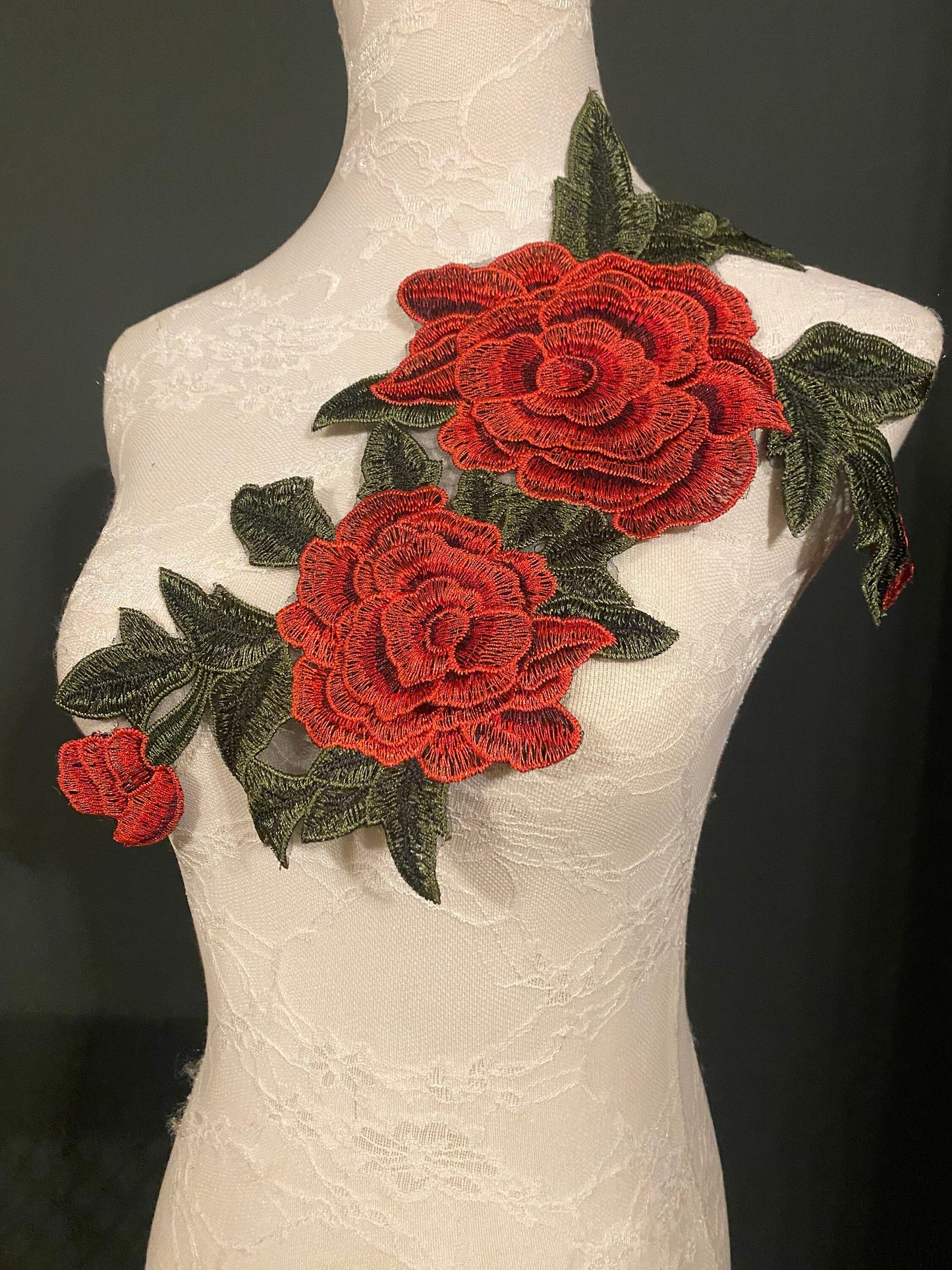 Red & Green Rose Embroidered Flower Motif, Sew On Applique (17 inch)