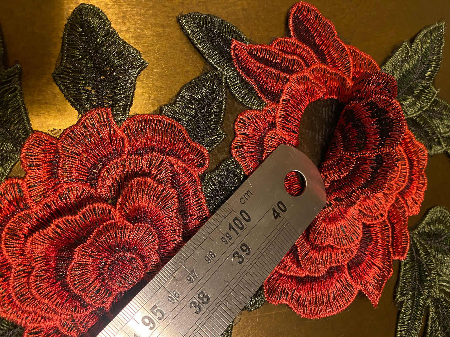 Red & Green Rose Embroidered Flower Motif, Sew On Applique (17 inch)
