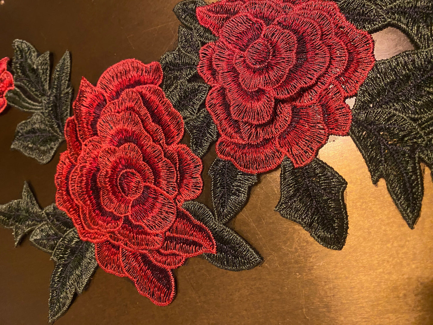 Red & Green Rose Embroidered Flower Motif, Sew On Applique (17 inch)
