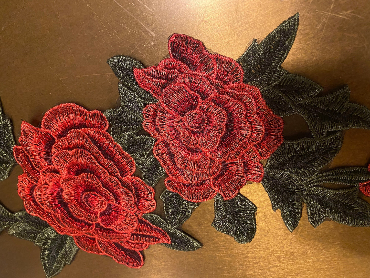 Red & Green Rose Embroidered Flower Motif, Sew On Applique (17 inch)