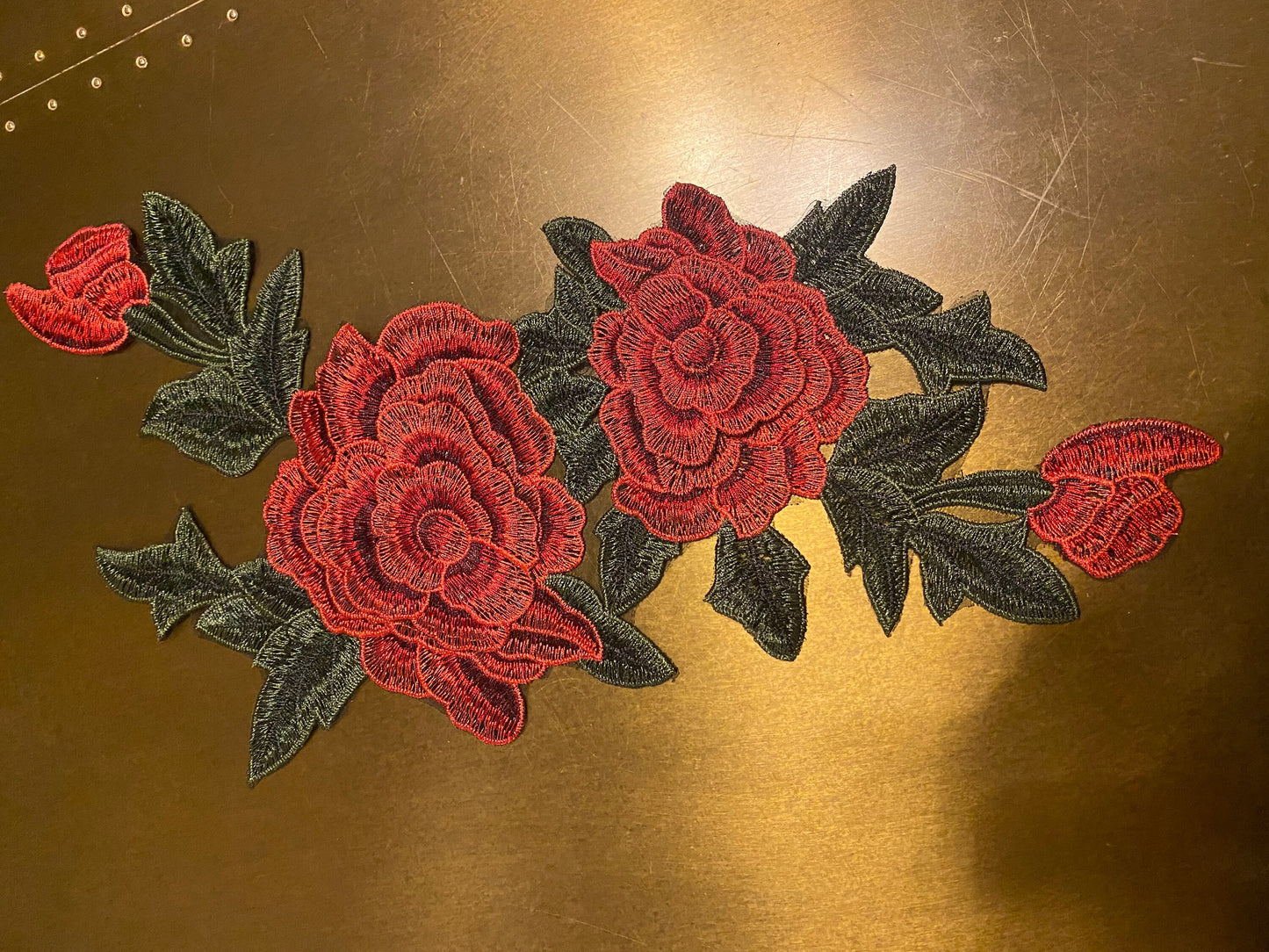 Red & Green Rose Embroidered Flower Motif, Sew On Applique (17 inch)