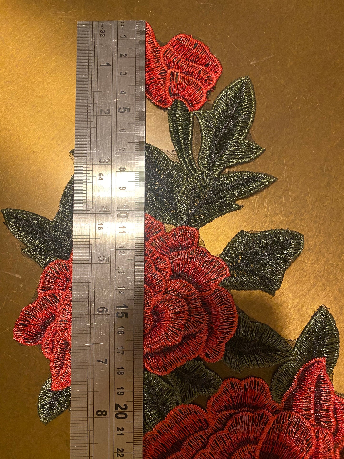 Red & Green Rose Embroidered Flower Motif, Sew On Applique (17 inch)