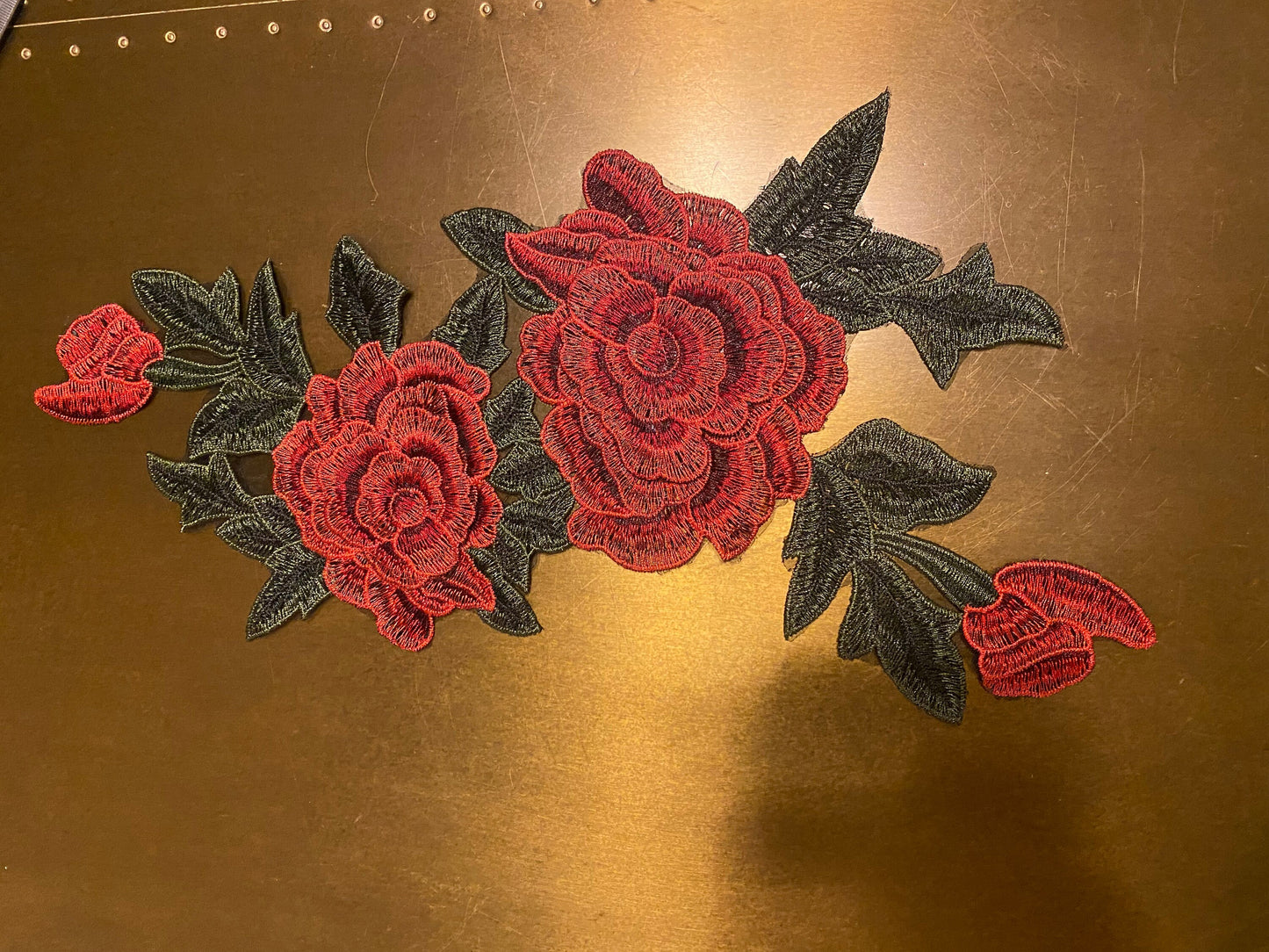 Red & Green Rose Embroidered Flower Motif, Sew On Applique (17 inch)
