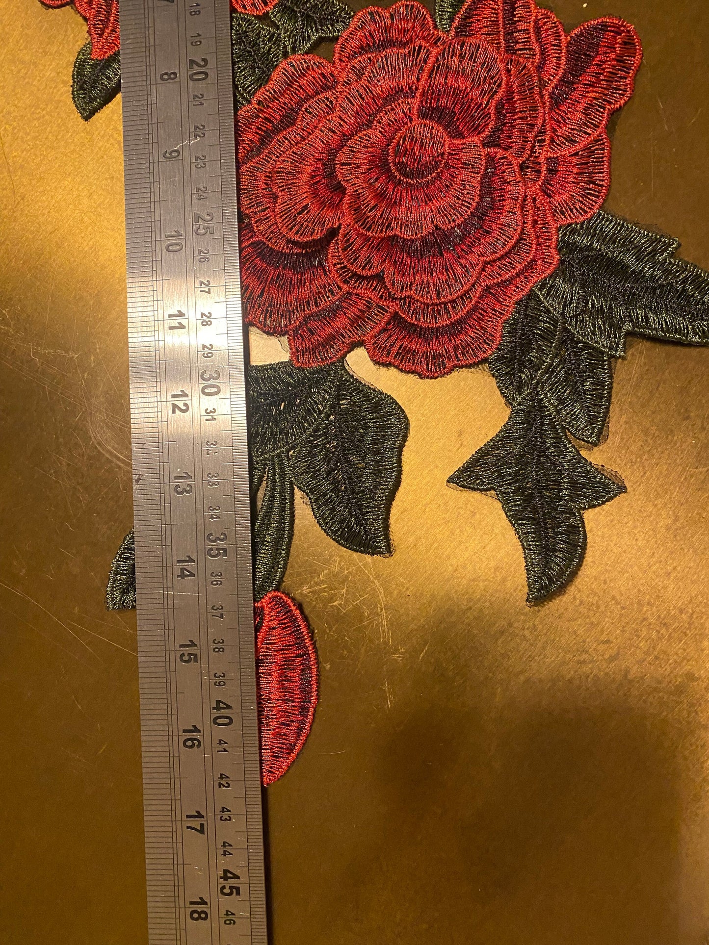 Red & Green Rose Embroidered Flower Motif, Sew On Applique (17 inch)