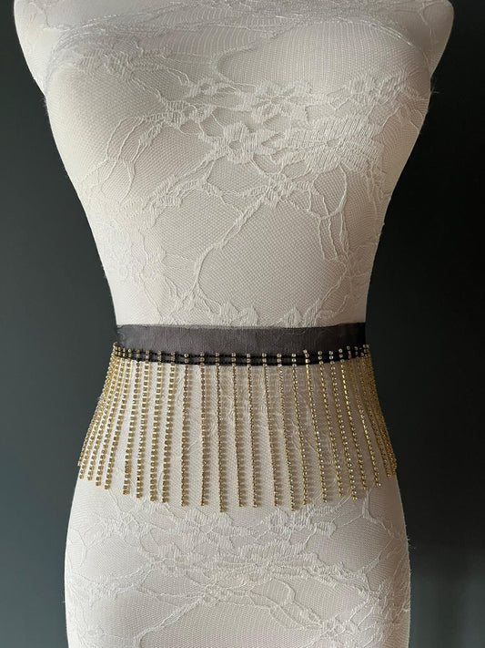 Rhinestone Fringe, Gold Base Diamanté Fringe, 9cm Length, High Quality Rhinestone Trimming