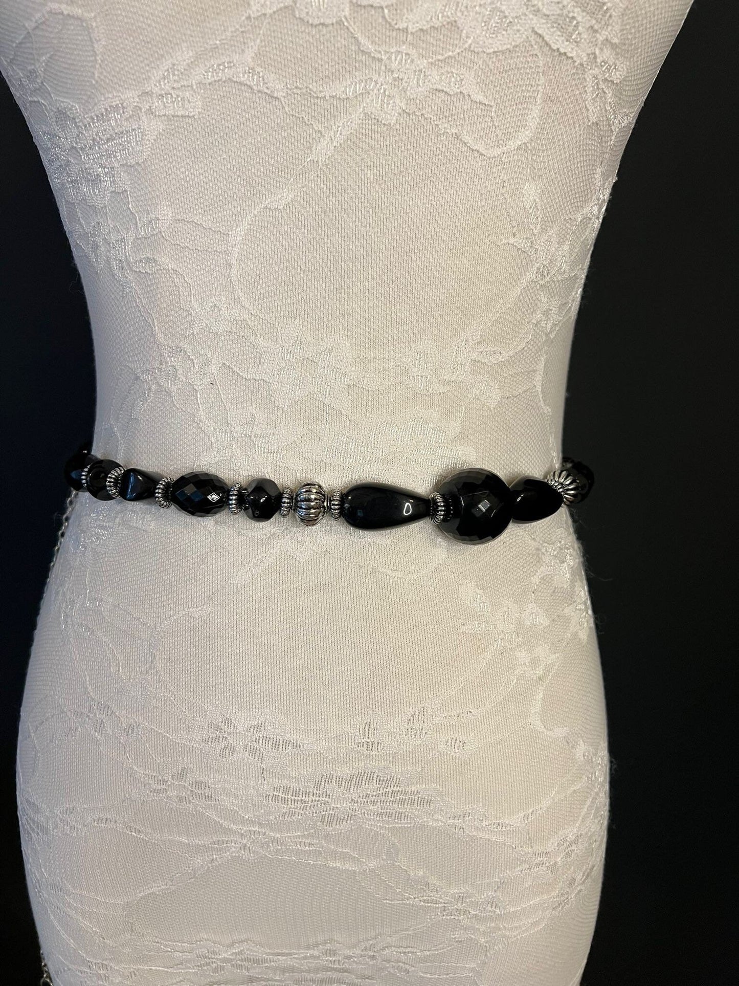 X-long Chain Belt, Beaded Belt, Black Beads, Silver Beads, Fashionable Belt
