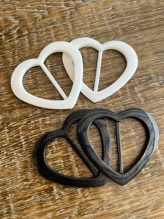 Heart Buckles, 3” Wide, Shiny finish, Black / White, 75mm Buckles, Heart Shape