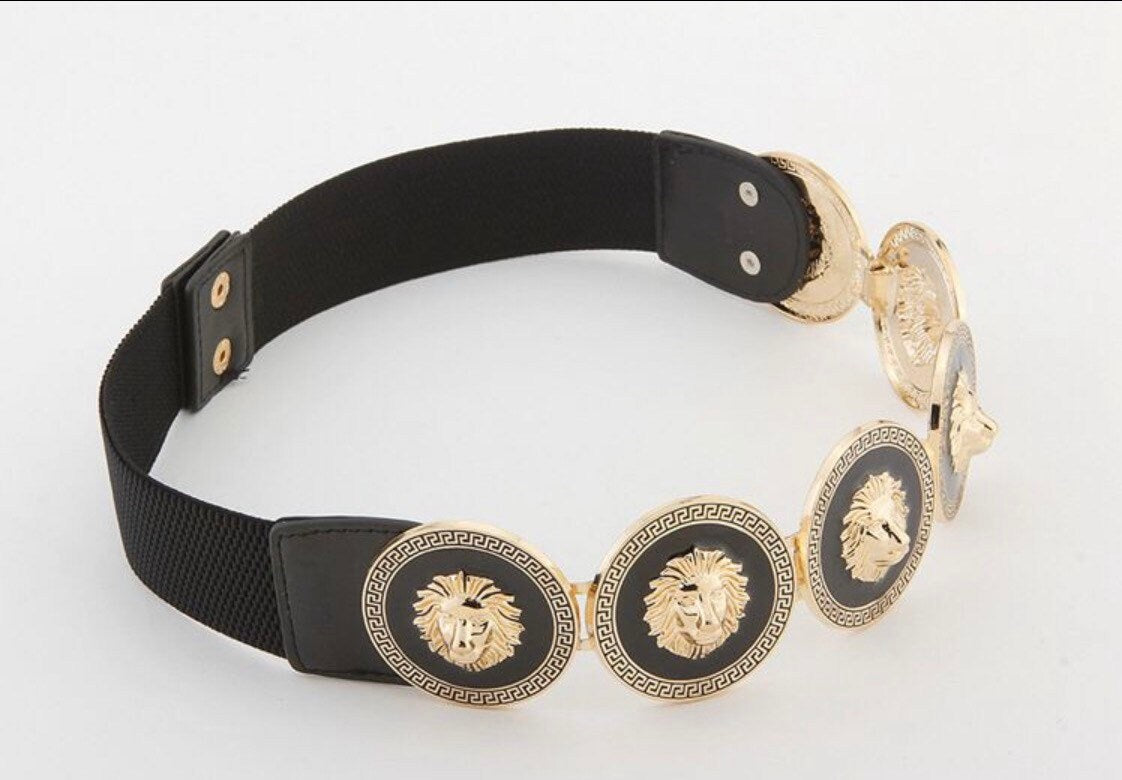 Lion Head Metal Buckle Belt, Gold Lion Head Belt, Elasticated Belt