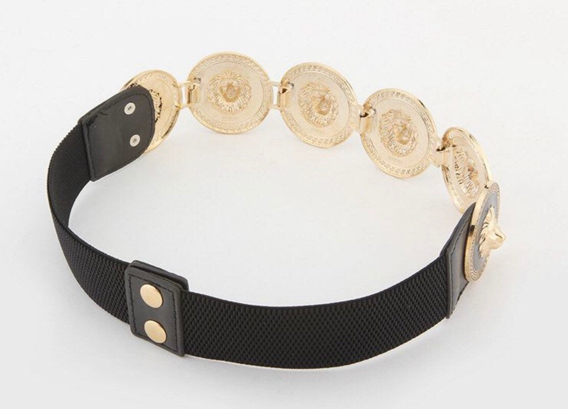 Lion Head Metal Buckle Belt, Gold Lion Head Belt, Elasticated Belt