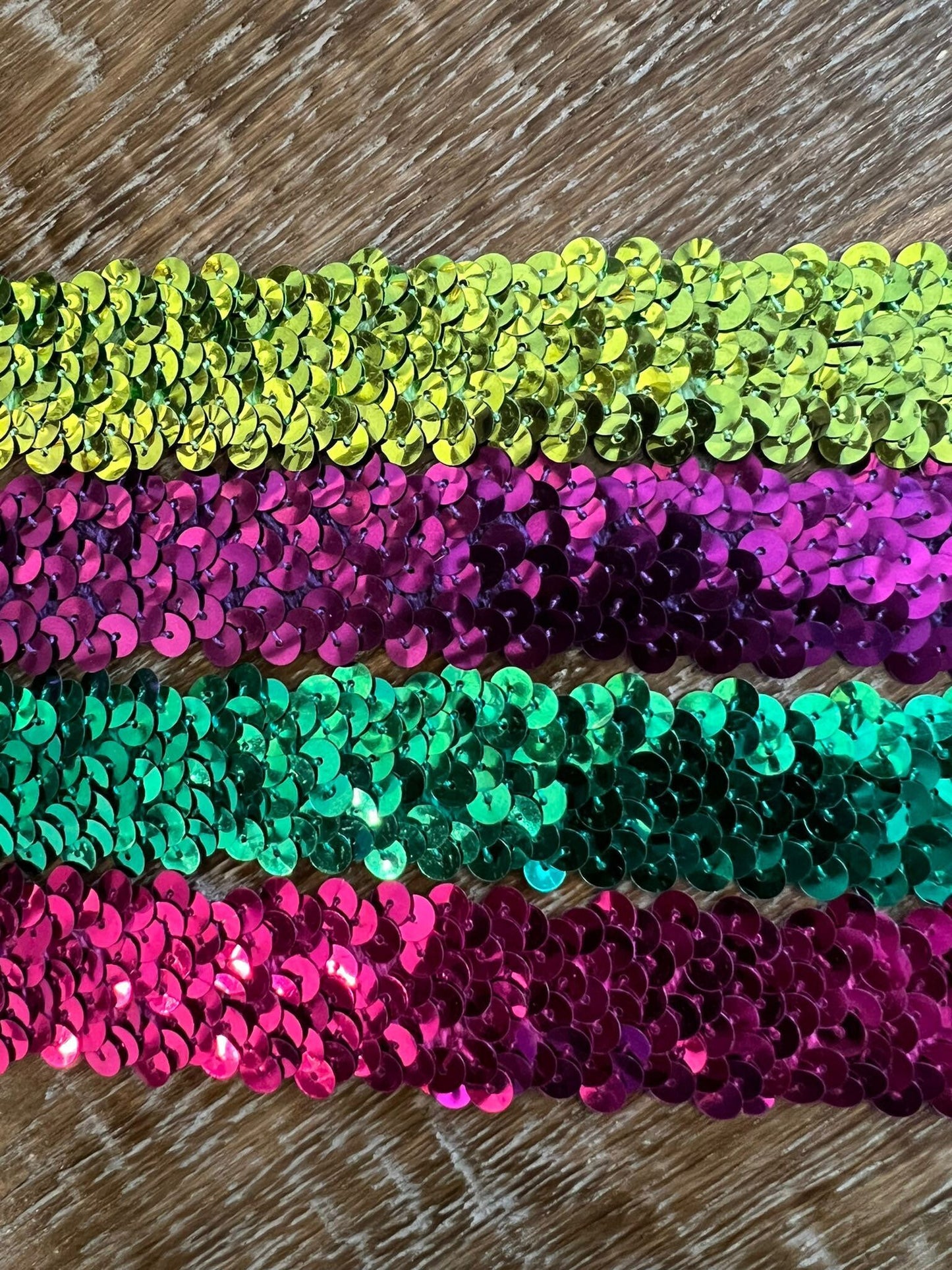 30mm Wide, Sequins Elastic, Stretch Sequins, 3 Row Sequins, Cerise, Lime Green, Jade Green, Purple, Christmas Green, Xmas Green