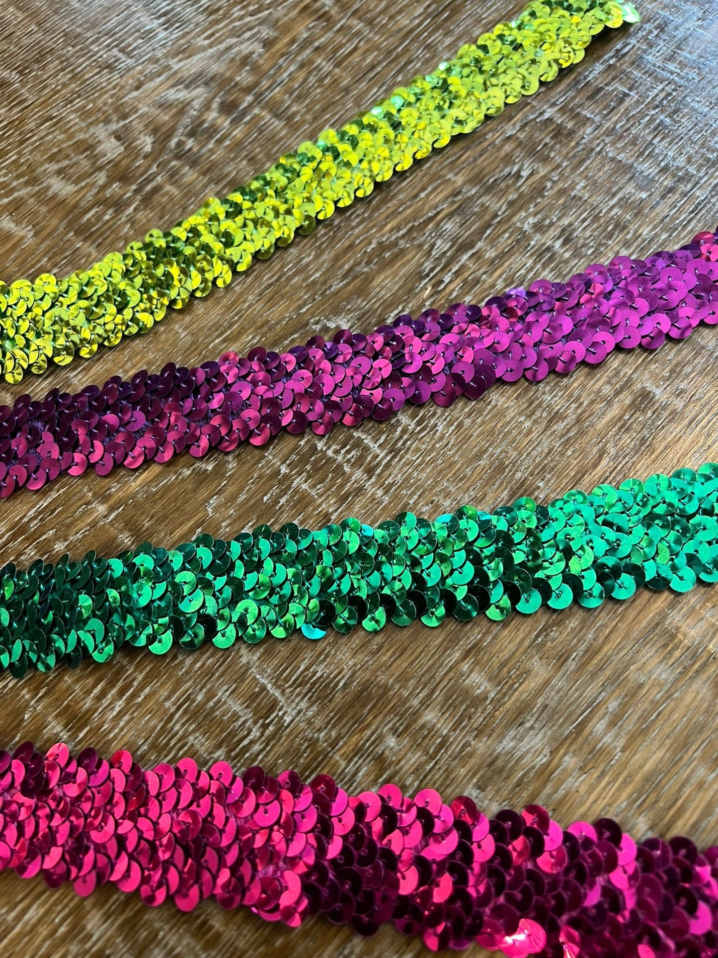 30mm Wide, Sequins Elastic, Stretch Sequins, 3 Row Sequins, Cerise, Lime Green, Jade Green, Purple, Christmas Green, Xmas Green