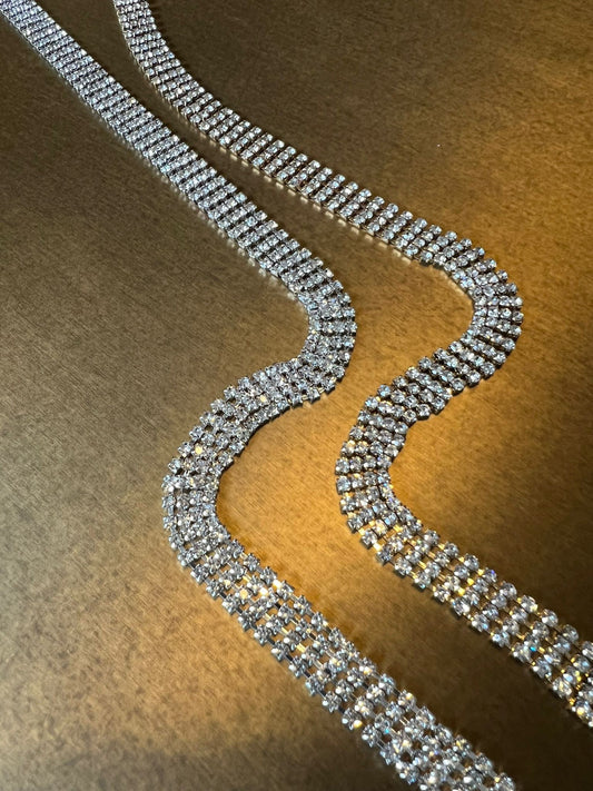 Rhinestone Chain, 4 Row Diamanté Chain, Flexible, Sew on Chain, Bridal, Crafts, Clothing, Silver, Gold