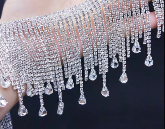 Sparkling Rhinstone Fringe Tassel, Rhinestone Trim fringe Crystal, applique neckline, DIY Neck wedding, Sewing, jackets, bridal, 8.5cm Wide