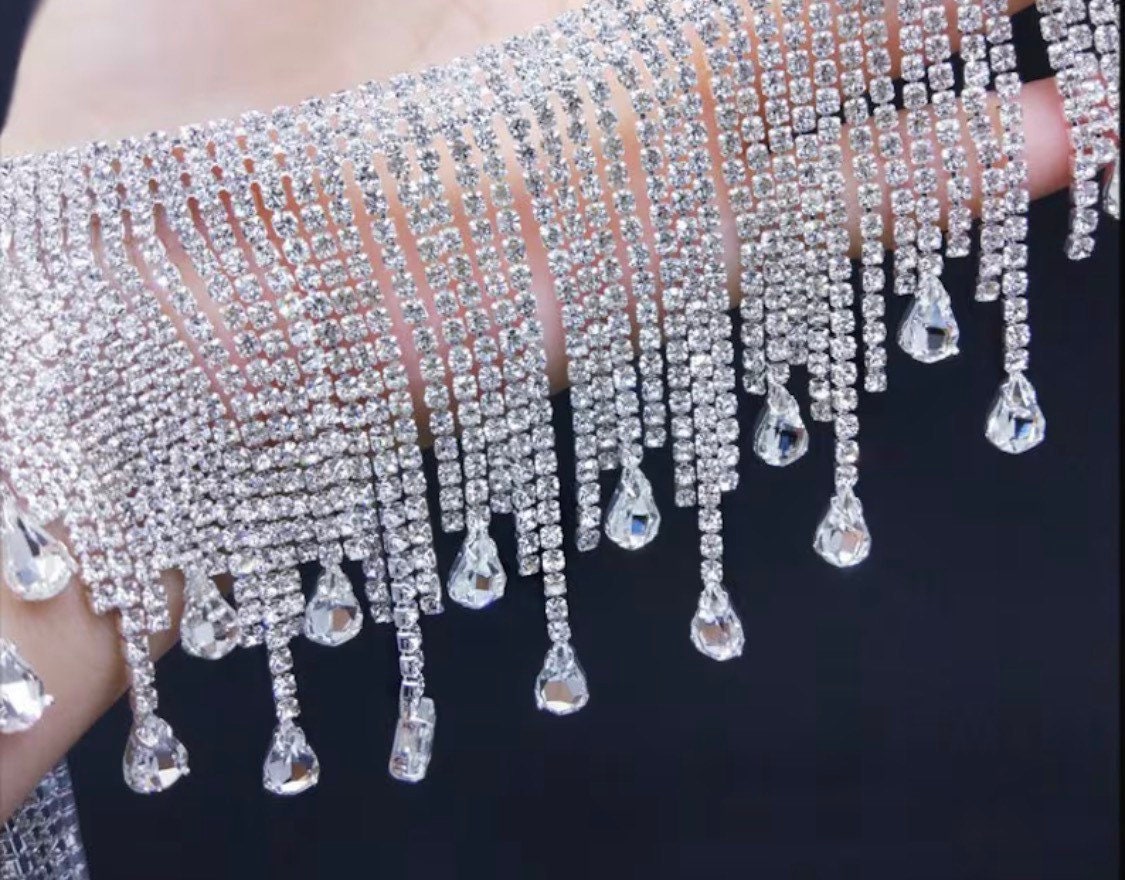 Sparkling Rhinstone Fringe Tassel, Rhinestone Trim fringe Crystal, applique neckline, DIY Neck wedding, Sewing, jackets, bridal, 8.5cm Wide