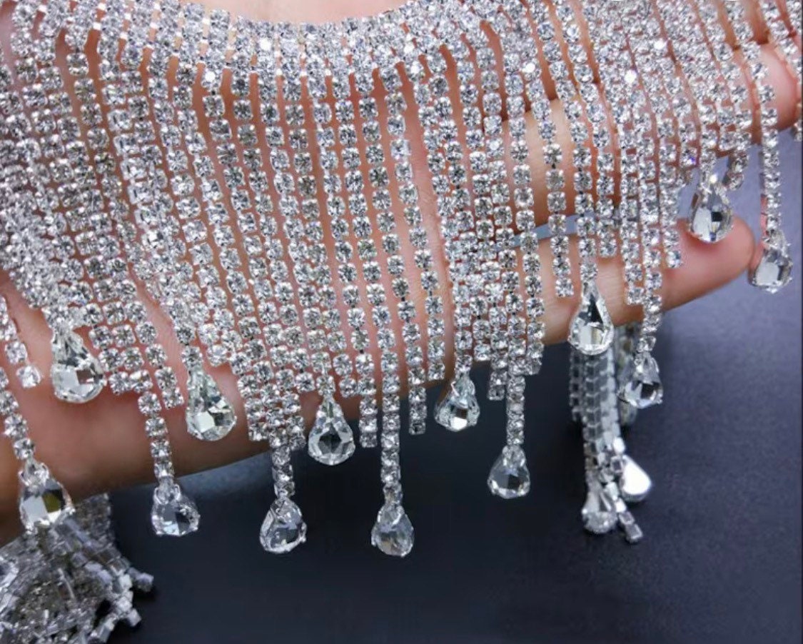 Sparkling Rhinstone Fringe Tassel, Rhinestone Trim fringe Crystal, applique neckline, DIY Neck wedding, Sewing, jackets, bridal, 8.5cm Wide