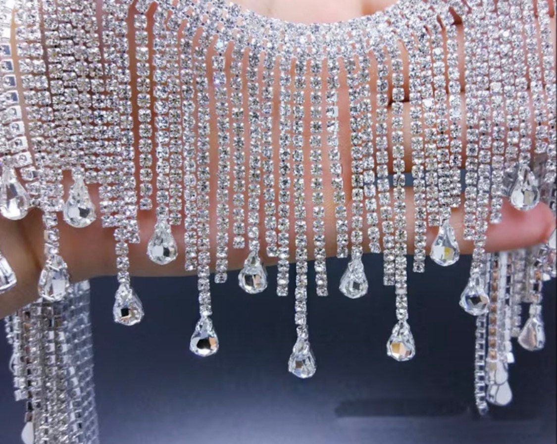 Sparkling Rhinstone Fringe Tassel, Rhinestone Trim fringe Crystal, applique neckline, DIY Neck wedding, Sewing, jackets, bridal, 8.5cm Wide