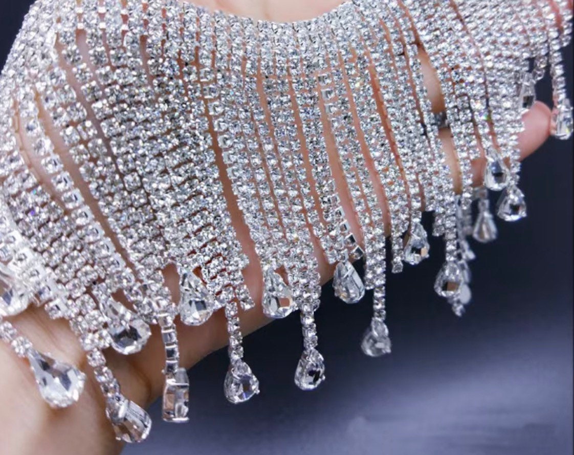 Sparkling Rhinstone Fringe Tassel, Rhinestone Trim fringe Crystal, applique neckline, DIY Neck wedding, Sewing, jackets, bridal, 8.5cm Wide