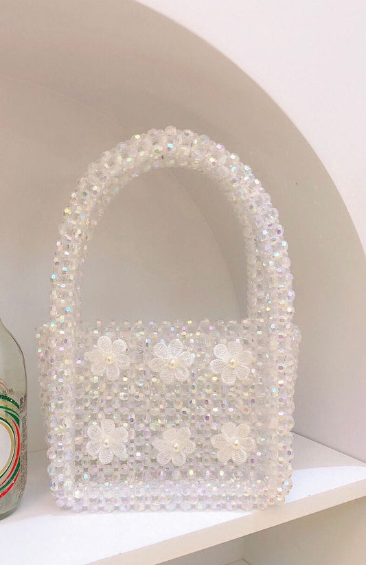 Crystal Bead Handbag, Handmade, Floral Detail, Green, Iridescent Clear Crystal, FAN Exclusive, FAN Accessories