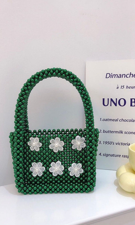 Crystal Bead Handbag, Handmade, Floral Detail, Green, Iridescent Clear Crystal, FAN Exclusive, FAN Accessories
