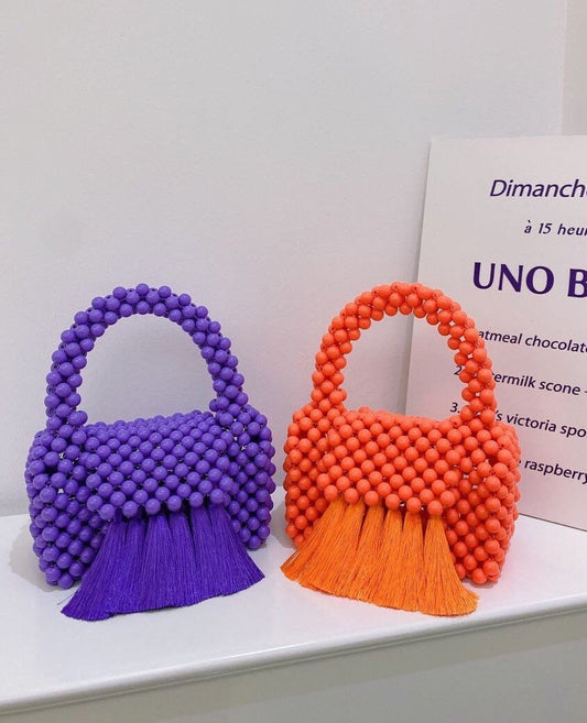 Crystal Bead Fringe Handbag, Purple Beads, Orange Beads, Handmade, Handbag, Fan Accessory Collection