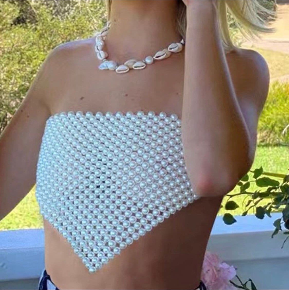 Pearl Bandeau Top, Cream Pearls, Fashionable Top, Fan Apparel Collection