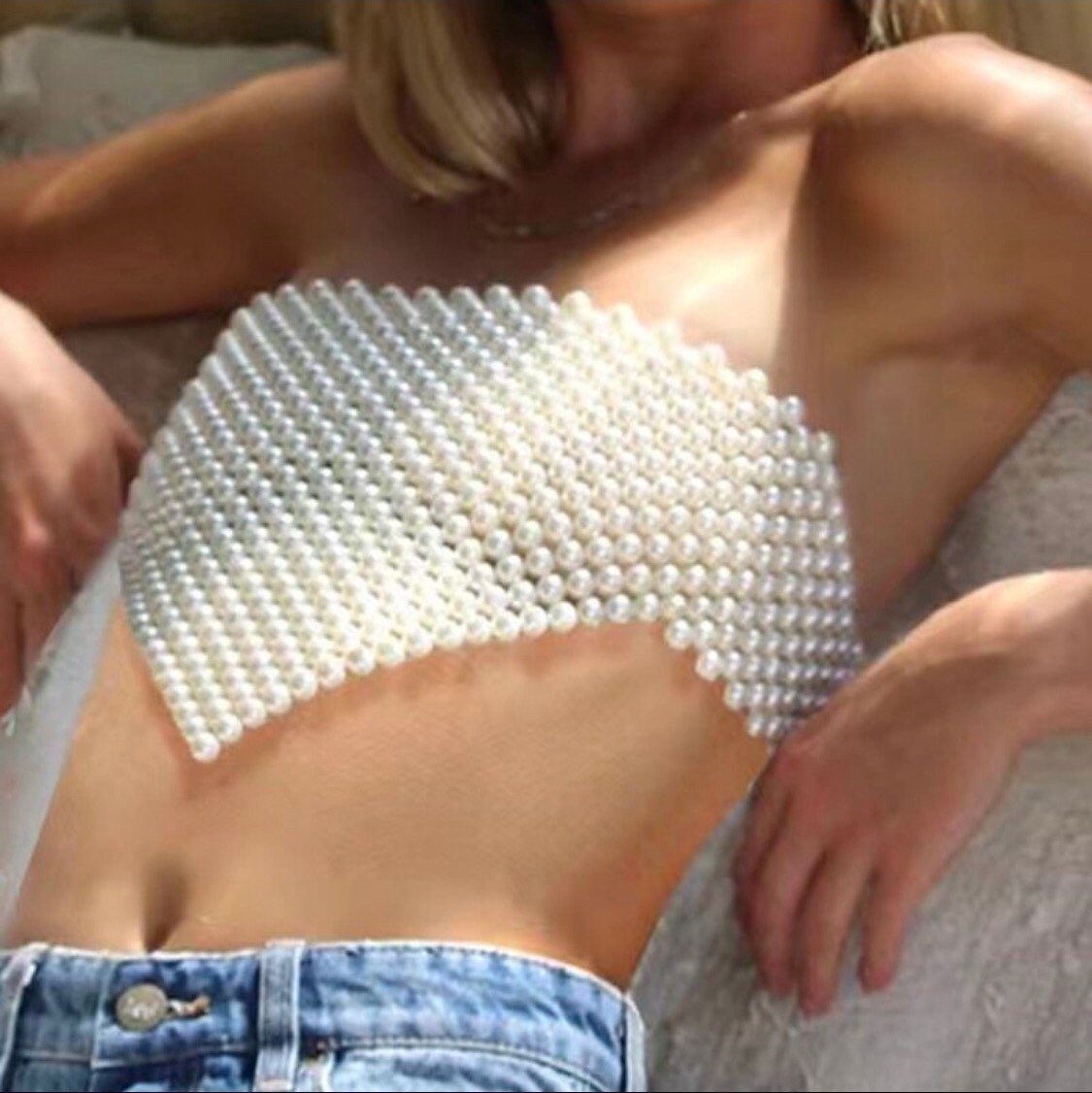 Pearl Bandeau Top, Cream Pearls, Fashionable Top, Fan Apparel Collection