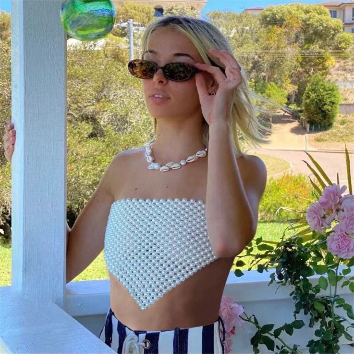 Pearl Bandeau Top, Cream Pearls, Fashionable Top, Fan Apparel Collection