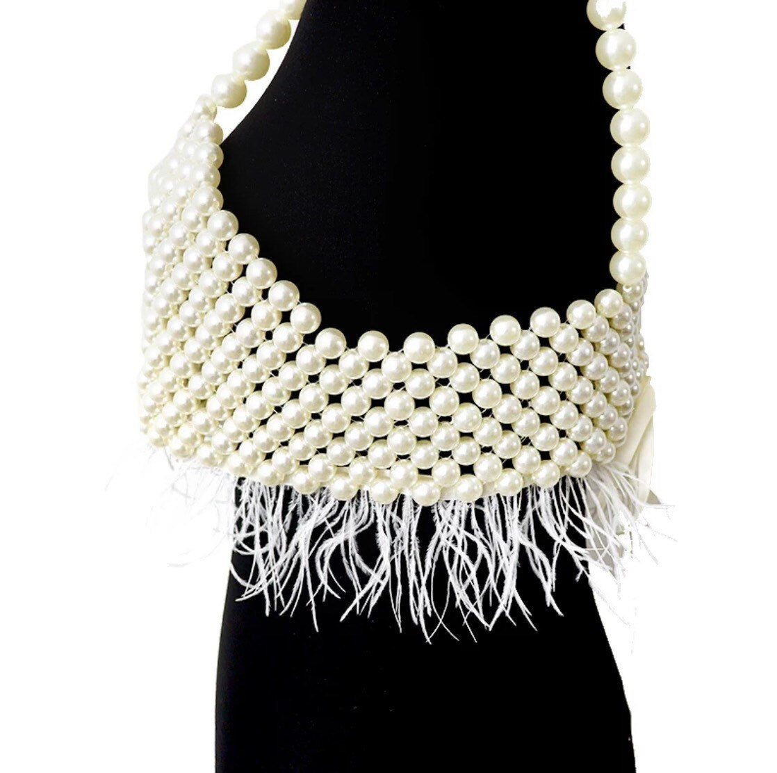 Pearl Vest Top, Pearl Body Chain, Luxurious Pearls, Feather Detail, UK 6-12, FAN Fashion Collections, 2024 Fashion
