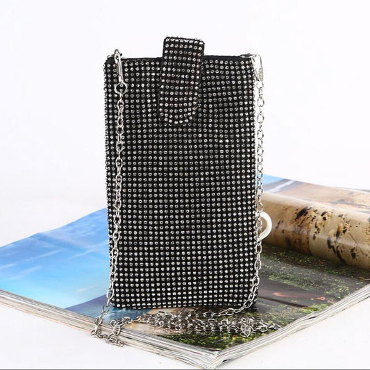 Rhinestone Diamanté Pouch, Phone Pouch, Accessory, Black, Silver, Gold