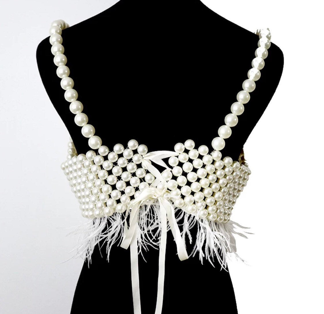 Pearl Vest Top, Pearl Body Chain, Luxurious Pearls, Feather Detail, UK 6-12, FAN Fashion Collections, 2024 Fashion
