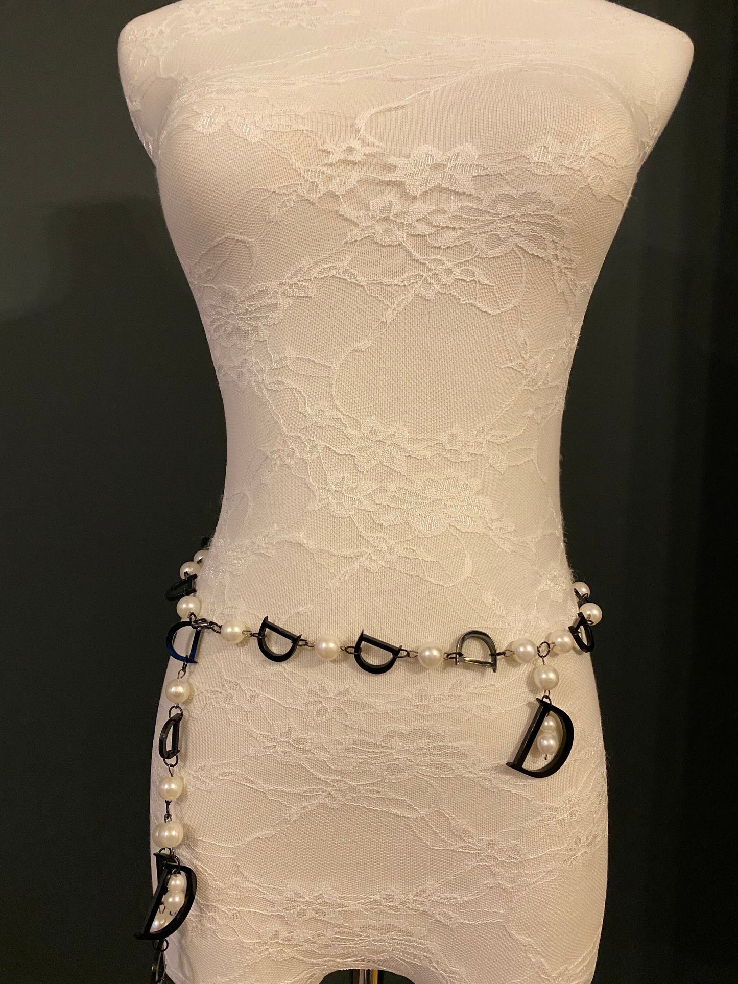 X-long Belt, D Belt, Pearls, Black, Cream Pearl Belt, UK 2-32