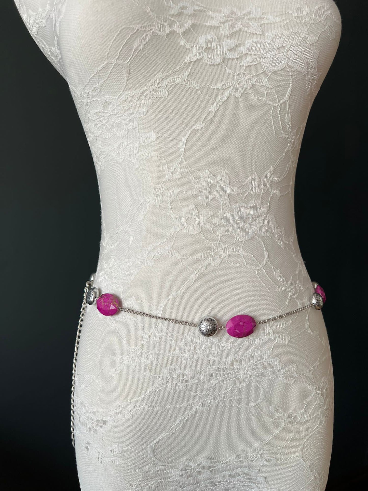 X-Long Belt, Beaded Belt, Fashion Belt, Cerise, Silver Beads, Chain Belts, Teen Size, 18”-60”, Seimwear, Elegant, Gift, Dress Belt
